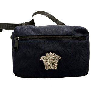 Versace Navy Heritage Print Silver Medusa Fabric & Leather Belt Fanny Pack Bag